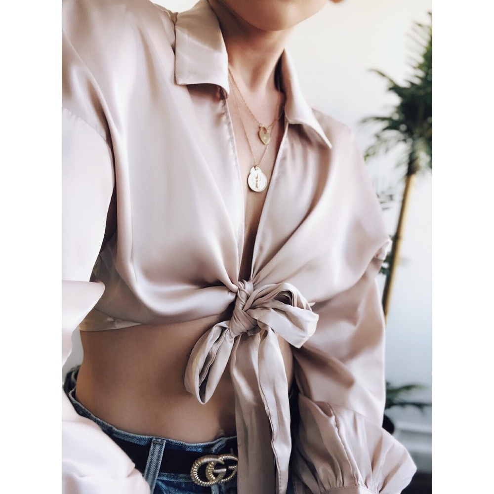 Last 1✨Zeal Nude Satin Puff Sleeve Crop Top - Picture 3 of 8